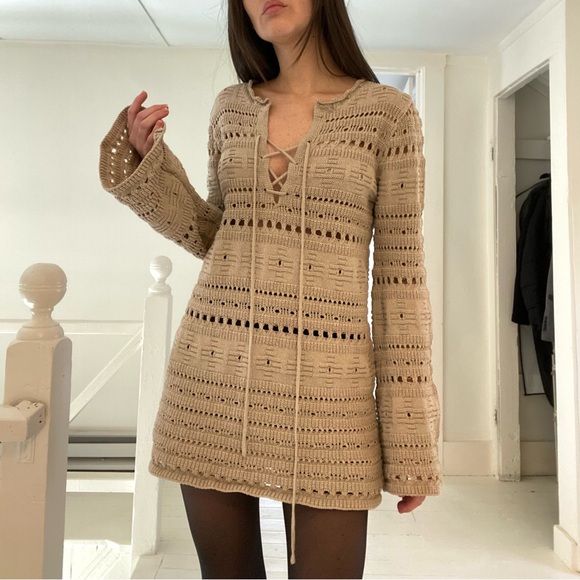 TheOpen Product Pointelle Crochet Knit Wide Sleeve Sweater in Beige Size 1 - Picture 1 of 14
